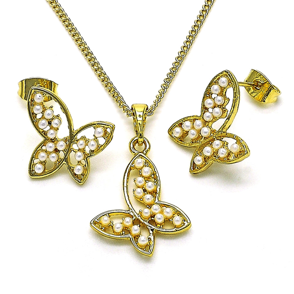 Oro Laminado Earring and Pendant Adult Set, Gold Filled Style Butterfly Design, with Ivory Pearl, Polished, Golden Finish