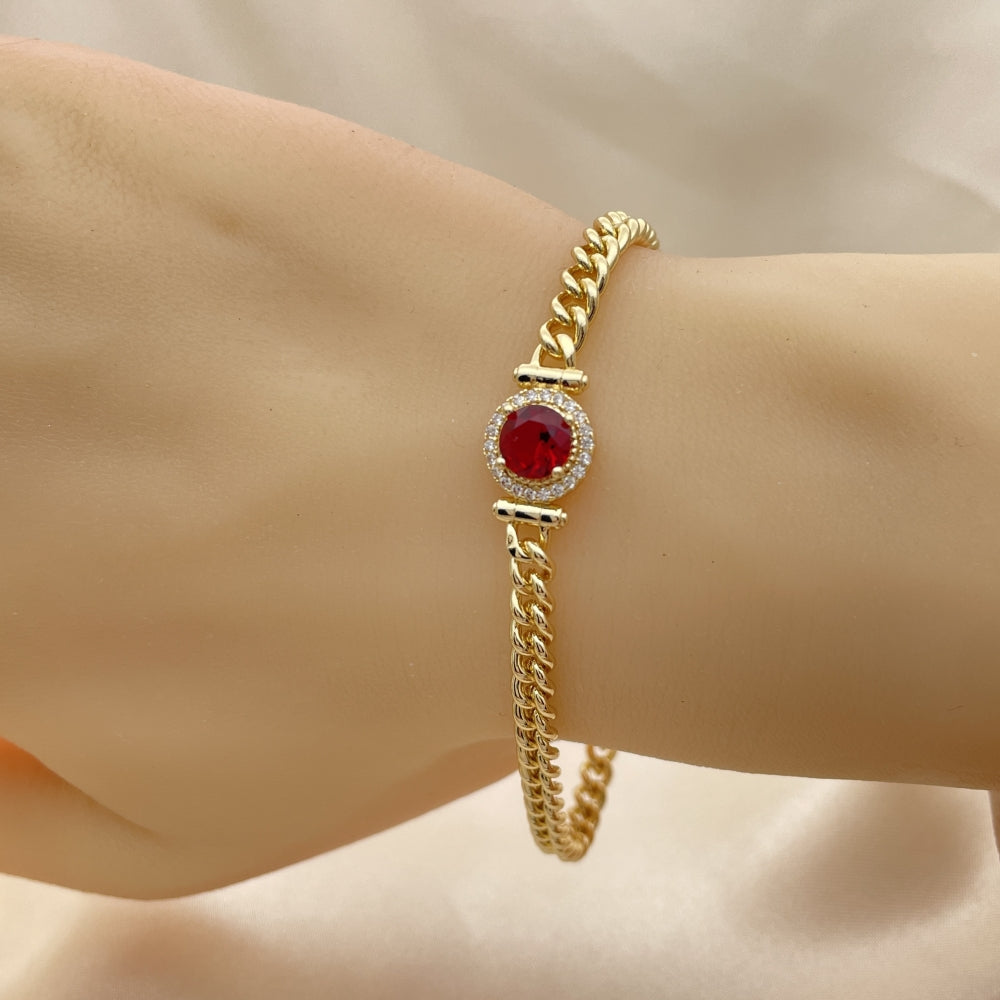 Oro Laminado Fancy Bracelet, Gold Filled Style with Garnet Cubic Zirconia and White Micro Pave, Polished, Golden Finish