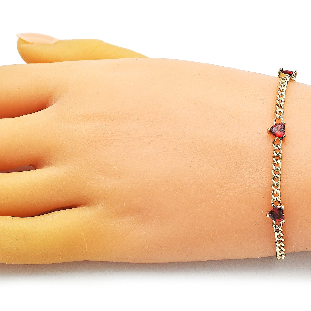 Oro Laminado Fancy Bracelet, Gold Filled Style Heart and Miami Cuban Design, with Garnet Cubic Zirconia, Polished, Golden Finish