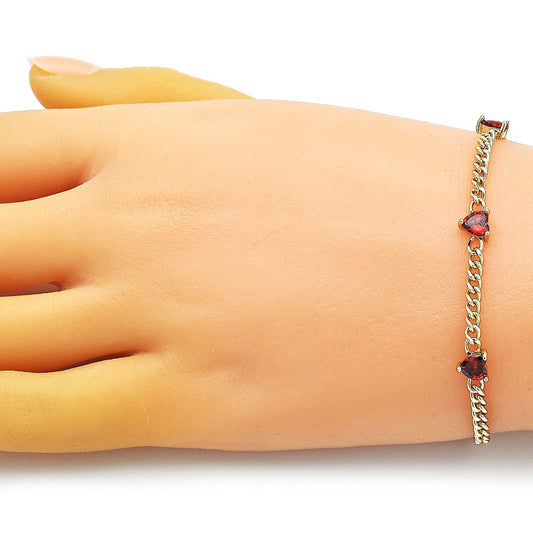 Oro Laminado Fancy Bracelet, Gold Filled Style Heart and Miami Cuban Design, with Garnet Cubic Zirconia, Polished, Golden Finish