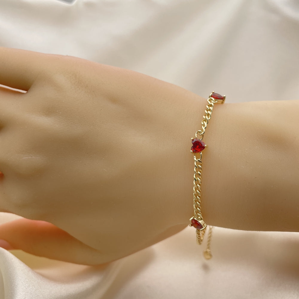 Oro Laminado Fancy Bracelet, Gold Filled Style Heart and Miami Cuban Design, with Garnet Cubic Zirconia, Polished, Golden Finish