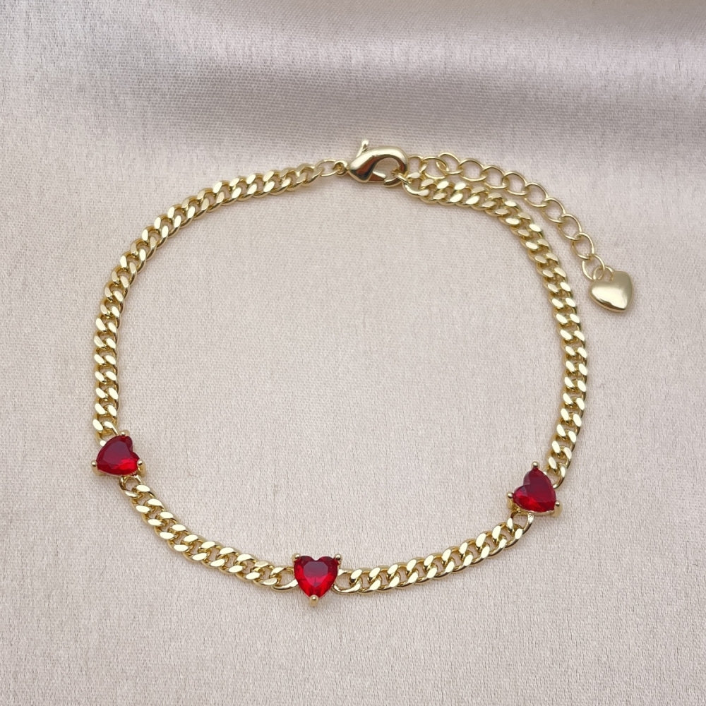 Oro Laminado Fancy Bracelet, Gold Filled Style Heart and Miami Cuban Design, with Garnet Cubic Zirconia, Polished, Golden Finish