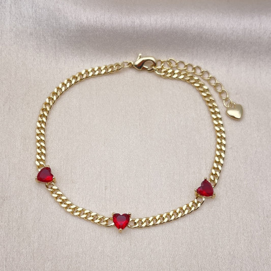 Oro Laminado Fancy Bracelet, Gold Filled Style Heart and Miami Cuban Design, with Garnet Cubic Zirconia, Polished, Golden Finish