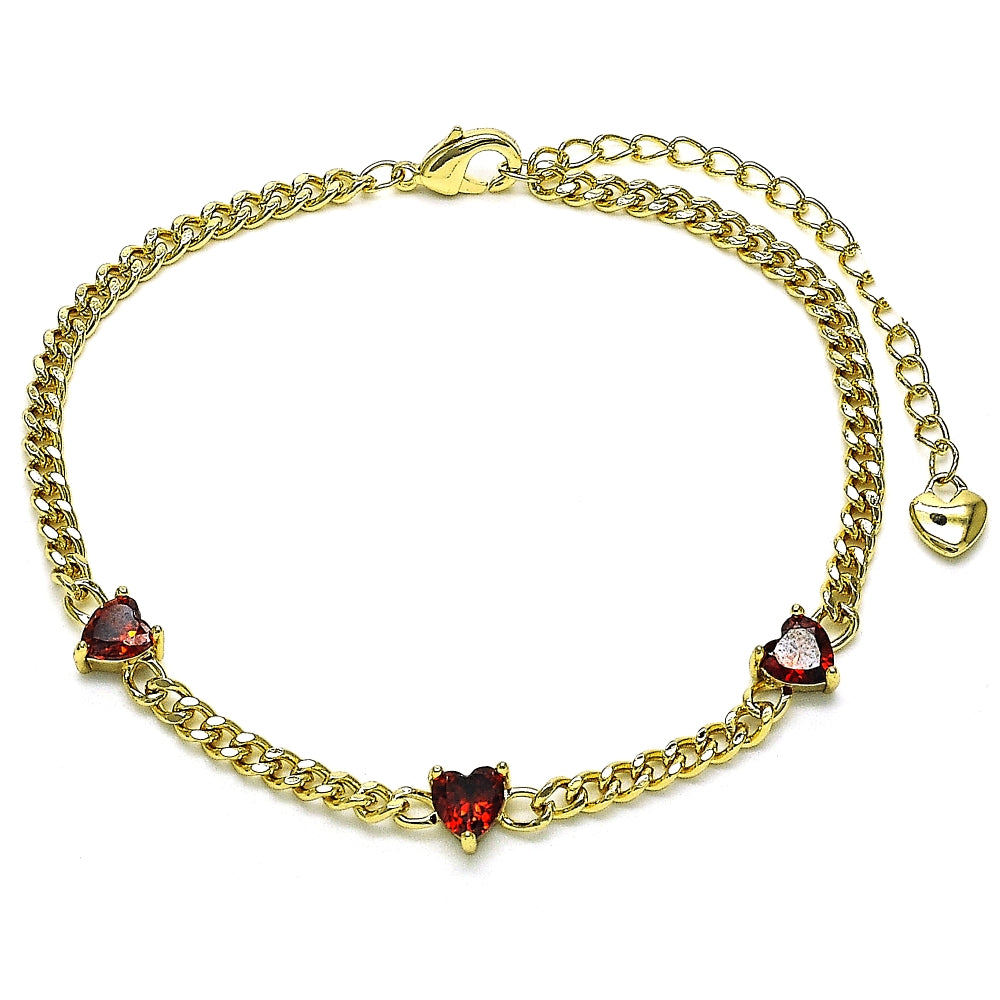 Oro Laminado Fancy Bracelet, Gold Filled Style Heart and Miami Cuban Design, with Garnet Cubic Zirconia, Polished, Golden Finish