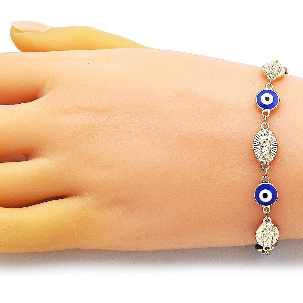 Oro Laminado Fancy Bracelet, Gold Filled Style Evil Eye and San Judas Design, Blue Enamel Finish, Golden Finish