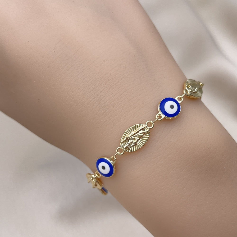 Oro Laminado Fancy Bracelet, Gold Filled Style Evil Eye and San Judas Design, Blue Enamel Finish, Golden Finish