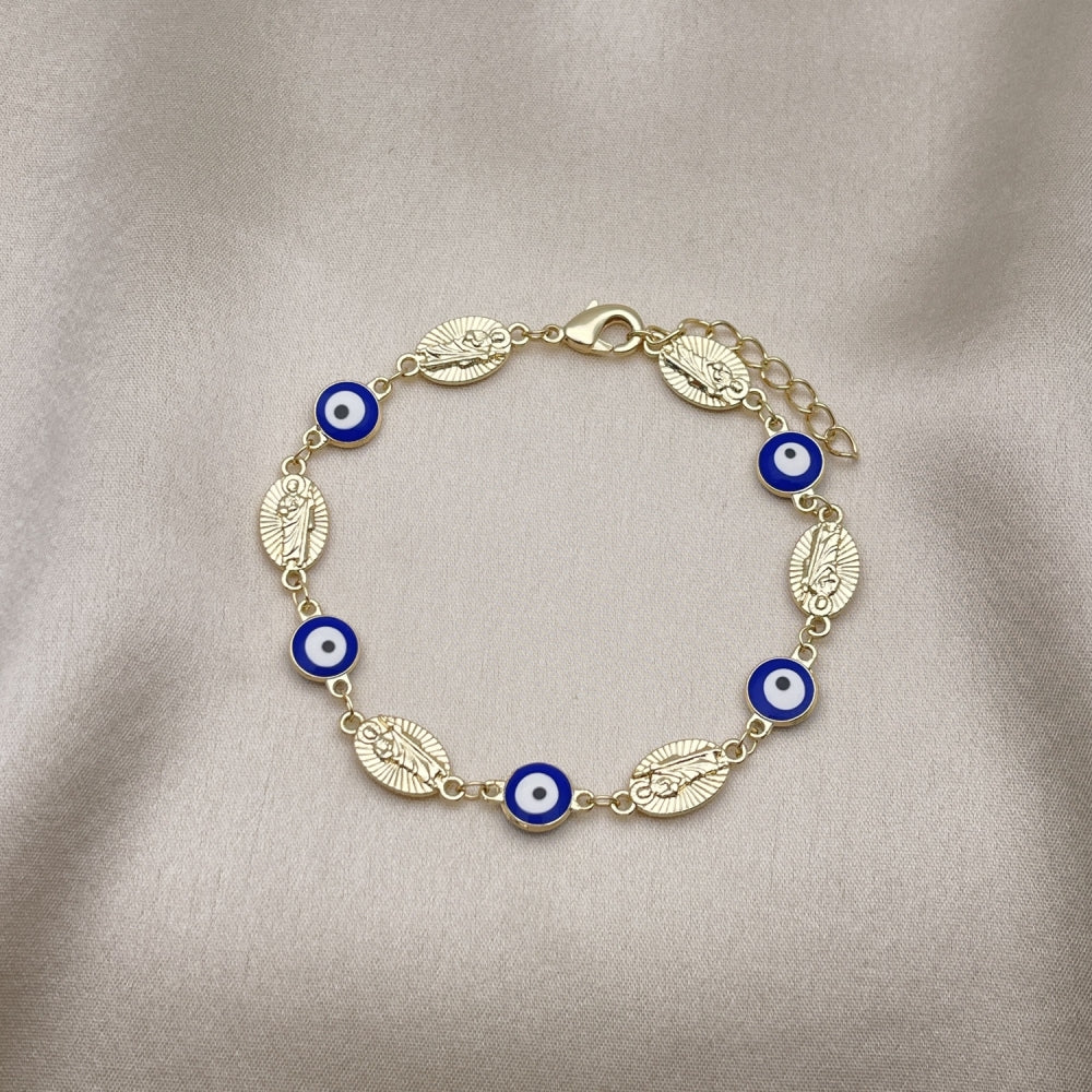 Oro Laminado Fancy Bracelet, Gold Filled Style Evil Eye and San Judas Design, Blue Enamel Finish, Golden Finish