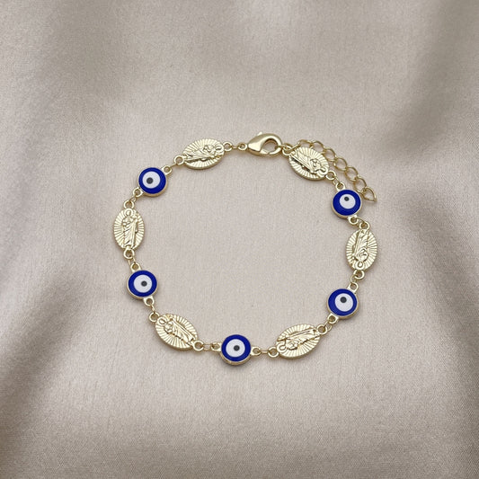 Oro Laminado Fancy Bracelet, Gold Filled Style Evil Eye and San Judas Design, Blue Enamel Finish, Golden Finish