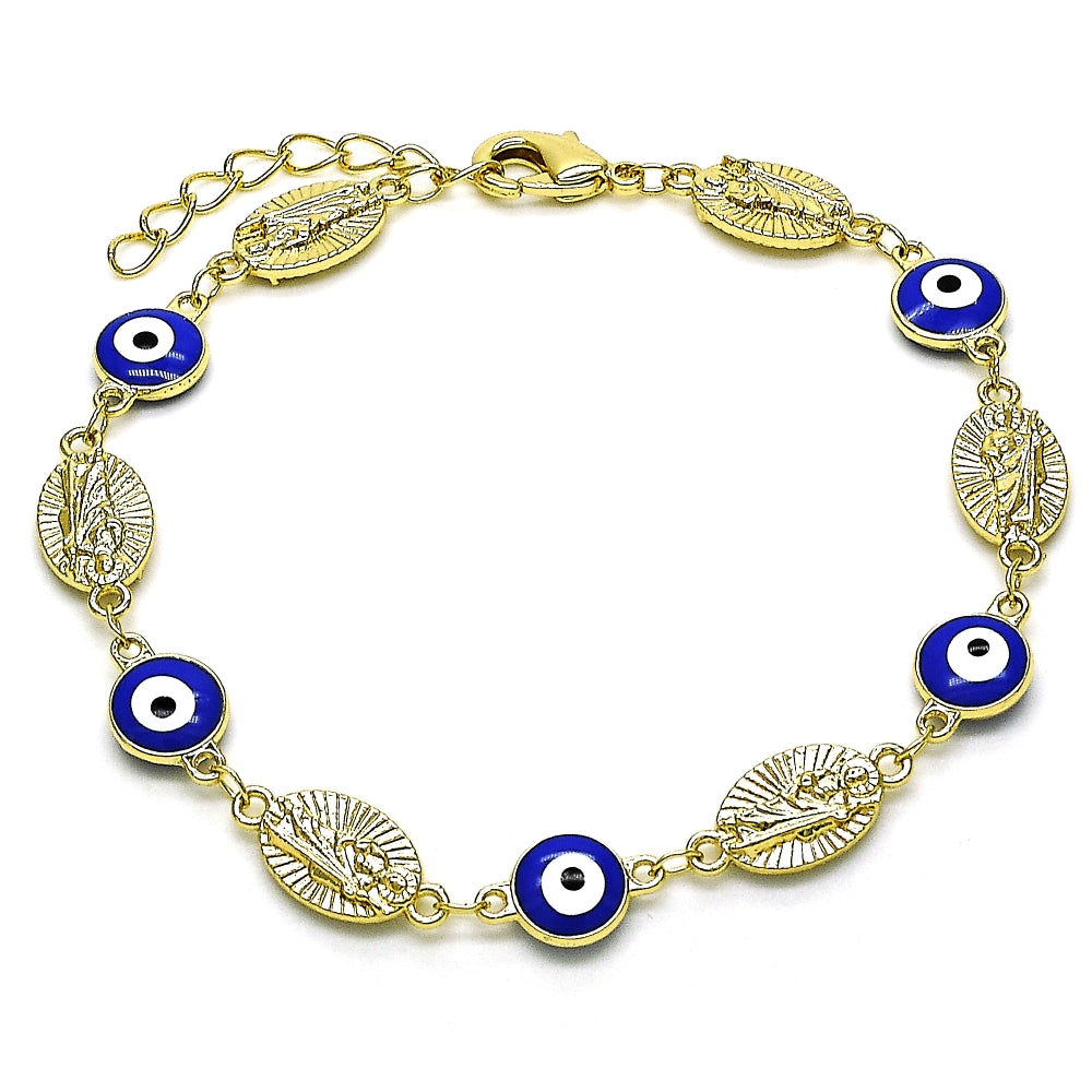 Oro Laminado Fancy Bracelet, Gold Filled Style Evil Eye and San Judas Design, Blue Enamel Finish, Golden Finish