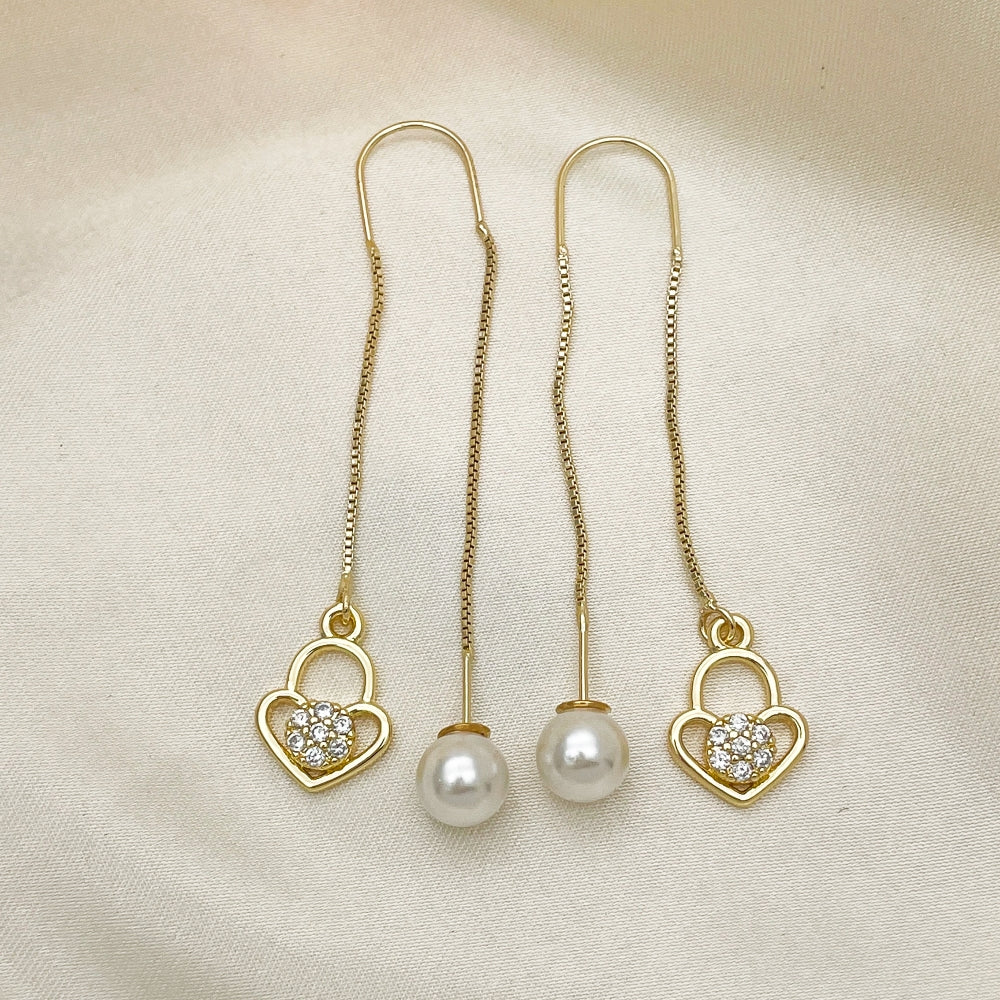 Oro Laminado Threader Earring, Gold Filled Style Heart Design, with White Micro Pave, Polished, Golden Finish