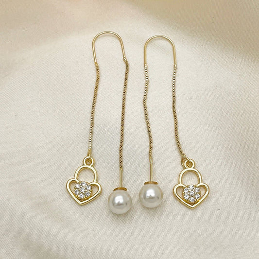 Oro Laminado Threader Earring, Gold Filled Style Heart Design, with White Micro Pave, Polished, Golden Finish
