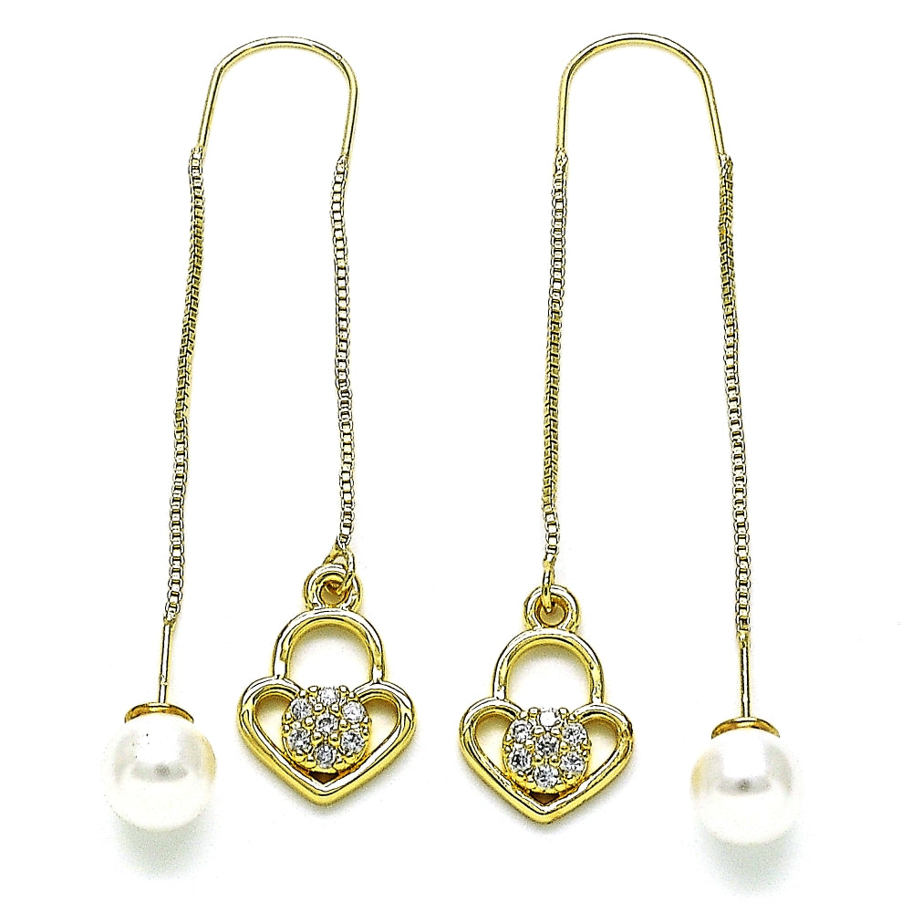 Oro Laminado Threader Earring, Gold Filled Style Heart Design, with White Micro Pave, Polished, Golden Finish