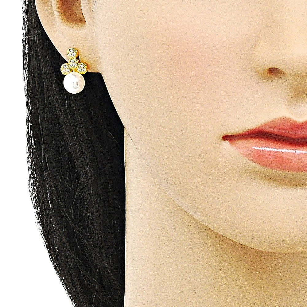 Oro Laminado Stud Earring, Gold Filled Style with White Micro Pave and Ivory Pearl, Polished, Golden Finish