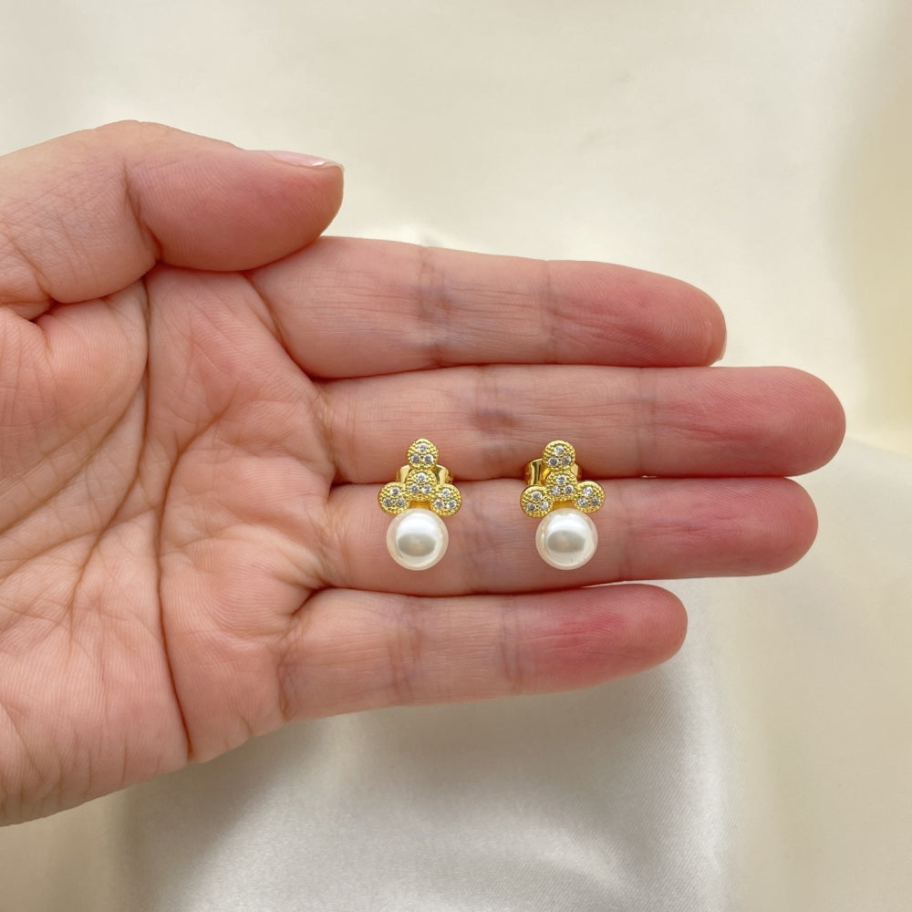Oro Laminado Stud Earring, Gold Filled Style with White Micro Pave and Ivory Pearl, Polished, Golden Finish