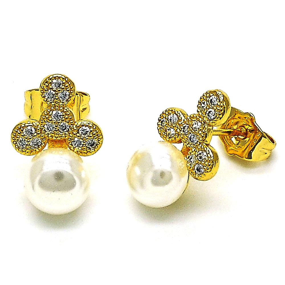 Oro Laminado Stud Earring, Gold Filled Style with White Micro Pave and Ivory Pearl, Polished, Golden Finish
