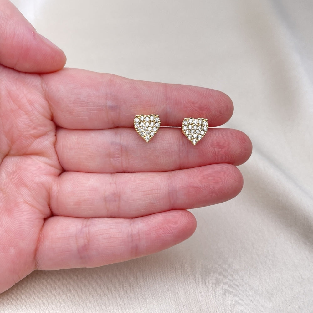 Oro Laminado Stud Earring, Gold Filled Style Heart Design, with White Micro Pave, Polished, Golden Finish