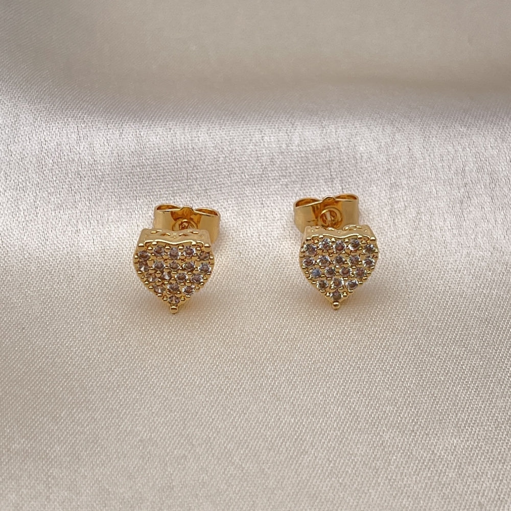Oro Laminado Stud Earring, Gold Filled Style Heart Design, with White Micro Pave, Polished, Golden Finish