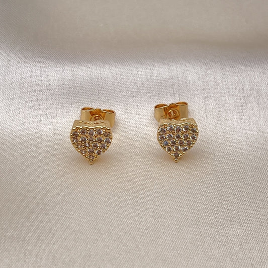Oro Laminado Stud Earring, Gold Filled Style Heart Design, with White Micro Pave, Polished, Golden Finish