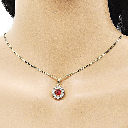 Oro Laminado Earring and Pendant Adult Set, Gold Filled Style Flower and Cluster Design, with Garnet and White Cubic Zirconia, Polished, Golden Finish