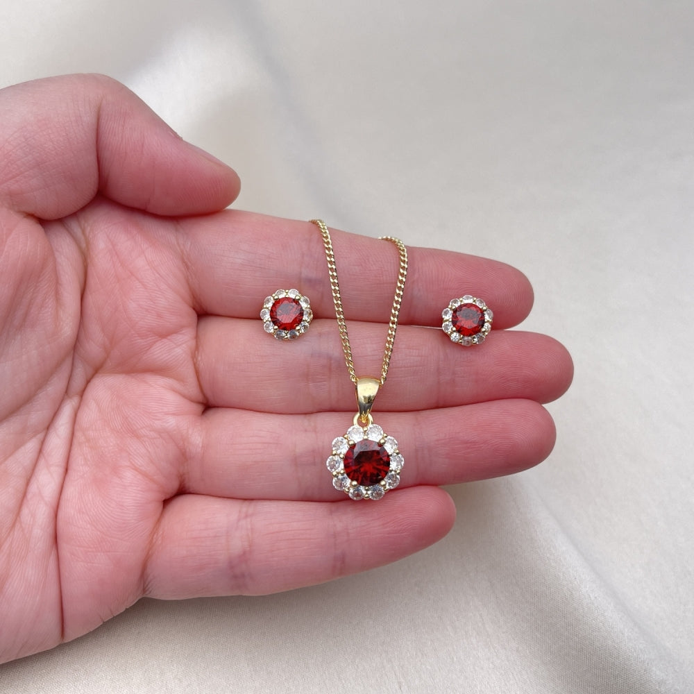 Oro Laminado Earring and Pendant Adult Set, Gold Filled Style Flower and Cluster Design, with Garnet and White Cubic Zirconia, Polished, Golden Finish