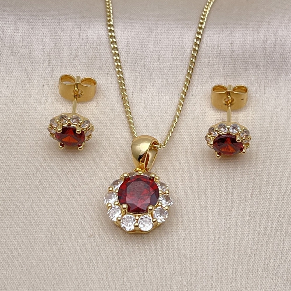 Oro Laminado Earring and Pendant Adult Set, Gold Filled Style Flower and Cluster Design, with Garnet and White Cubic Zirconia, Polished, Golden Finish