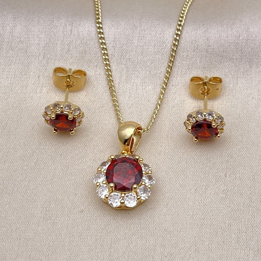 Oro Laminado Earring and Pendant Adult Set, Gold Filled Style Flower and Cluster Design, with Garnet and White Cubic Zirconia, Polished, Golden Finish