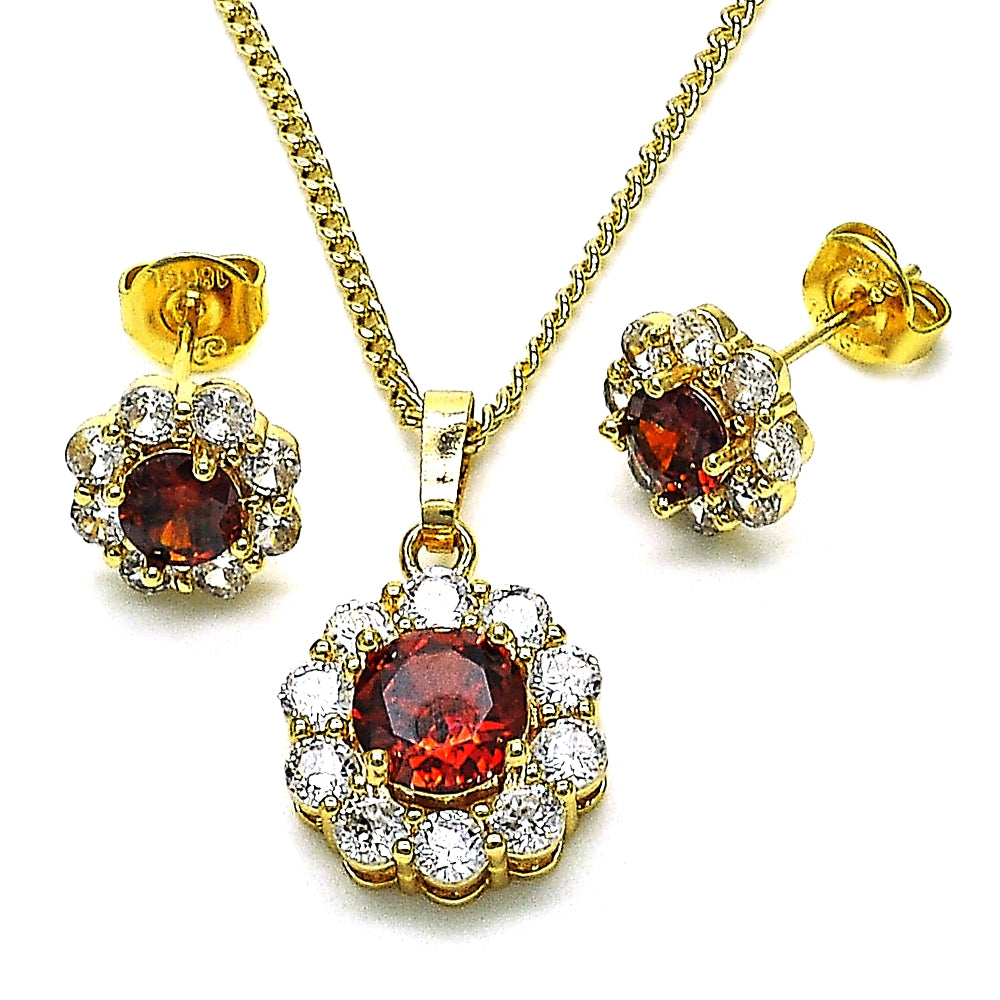 Oro Laminado Earring and Pendant Adult Set, Gold Filled Style Flower and Cluster Design, with Garnet and White Cubic Zirconia, Polished, Golden Finish