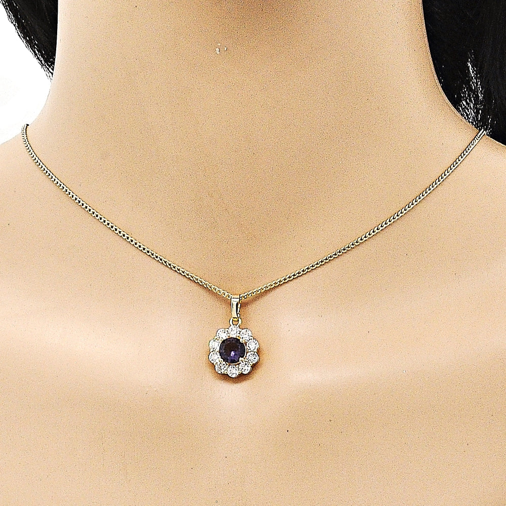Oro Laminado Earring and Pendant Adult Set, Gold Filled Style Flower and Cluster Design, with Dark Amethyst and White Cubic Zirconia, Polished, Golden Finish