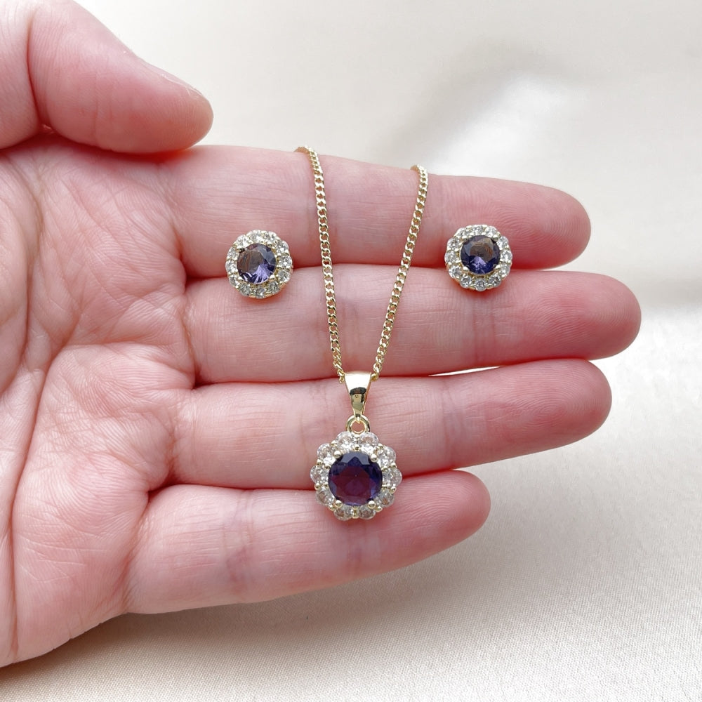 Oro Laminado Earring and Pendant Adult Set, Gold Filled Style Flower and Cluster Design, with Dark Amethyst and White Cubic Zirconia, Polished, Golden Finish