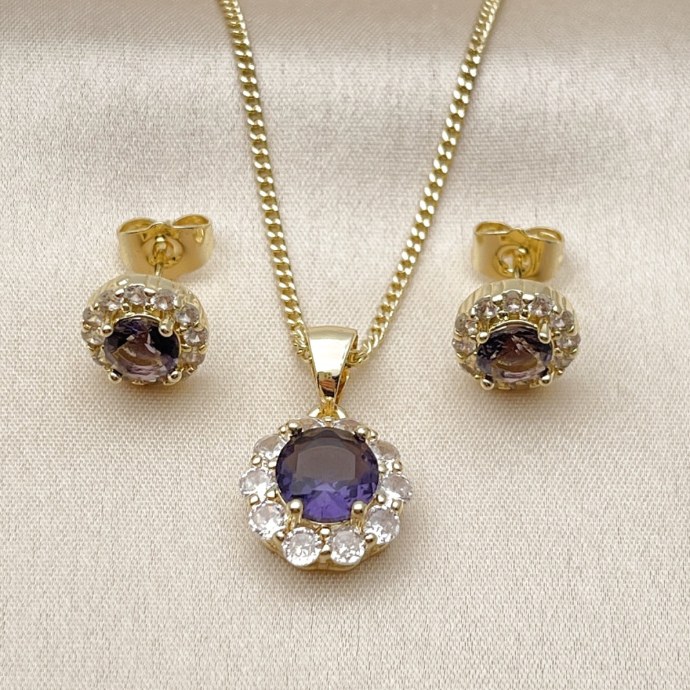 Oro Laminado Earring and Pendant Adult Set, Gold Filled Style Flower and Cluster Design, with Dark Amethyst and White Cubic Zirconia, Polished, Golden Finish
