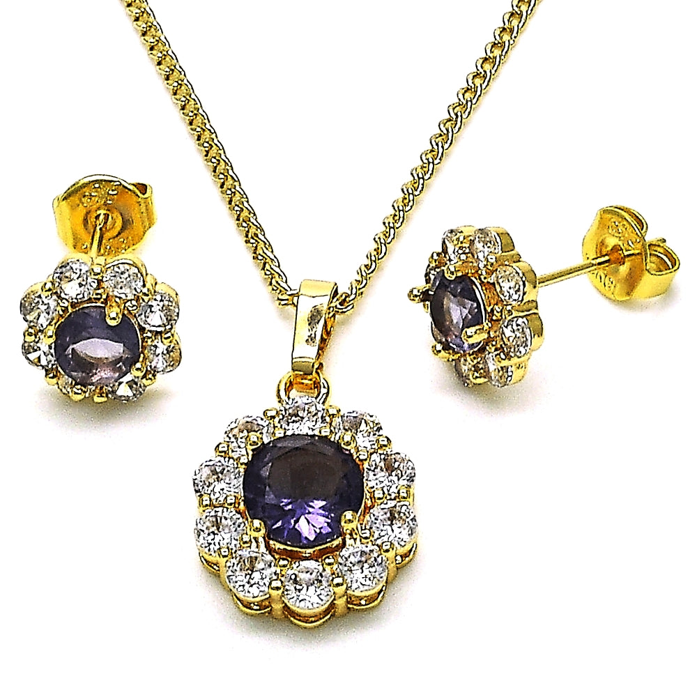 Oro Laminado Earring and Pendant Adult Set, Gold Filled Style Flower and Cluster Design, with Dark Amethyst and White Cubic Zirconia, Polished, Golden Finish