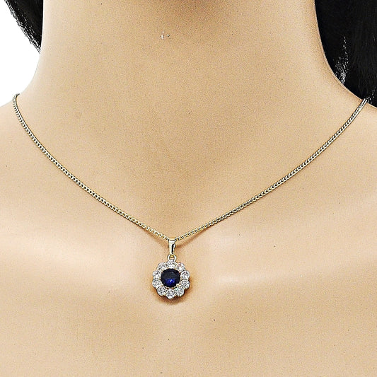 Oro Laminado Earring and Pendant Adult Set, Gold Filled Style Flower and Cluster Design, with Sapphire Blue and White Cubic Zirconia, Polished, Golden Finish