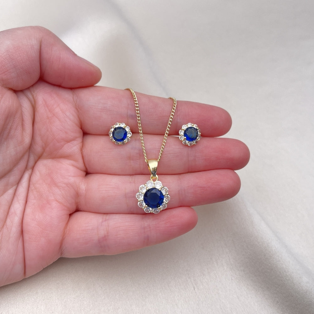 Oro Laminado Earring and Pendant Adult Set, Gold Filled Style Flower and Cluster Design, with Sapphire Blue and White Cubic Zirconia, Polished, Golden Finish