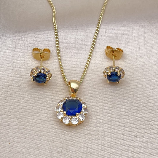 Oro Laminado Earring and Pendant Adult Set, Gold Filled Style Flower and Cluster Design, with Sapphire Blue and White Cubic Zirconia, Polished, Golden Finish