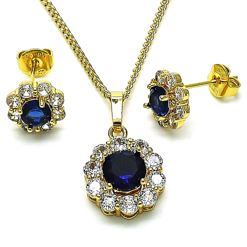 Oro Laminado Earring and Pendant Adult Set, Gold Filled Style Flower and Cluster Design, with Sapphire Blue and White Cubic Zirconia, Polished, Golden Finish