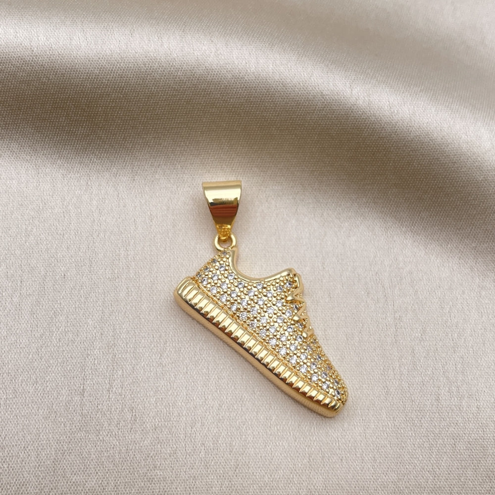 Oro Laminado Fancy Pendant, Gold Filled Style Shoes Design, with White Micro Pave, Polished, Golden Finish