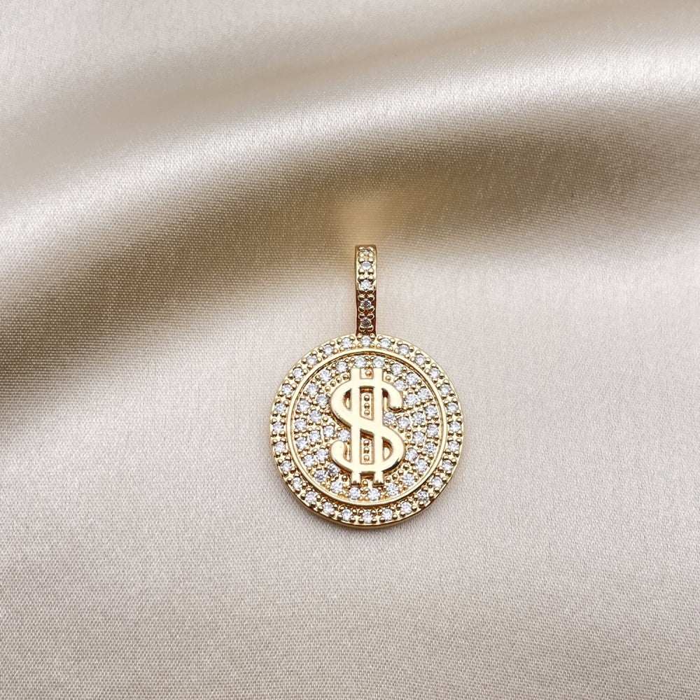 Oro Laminado Fancy Pendant, Gold Filled Style Money Sign Design, with White Micro Pave, Polished, Golden Finish