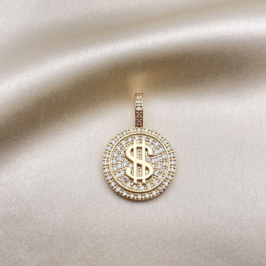 Oro Laminado Fancy Pendant, Gold Filled Style Money Sign Design, with White Micro Pave, Polished, Golden Finish