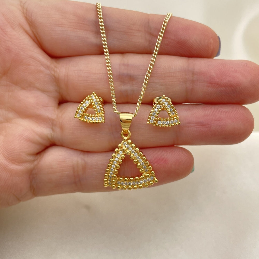 Oro Laminado Earring and Pendant Adult Set, Gold Filled Style with White Micro Pave, Polished, Golden Finish