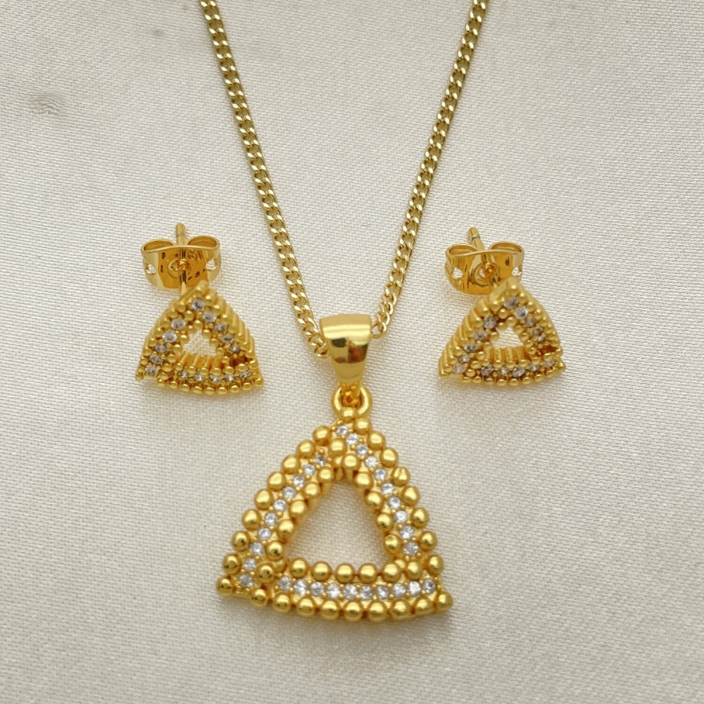 Oro Laminado Earring and Pendant Adult Set, Gold Filled Style with White Micro Pave, Polished, Golden Finish