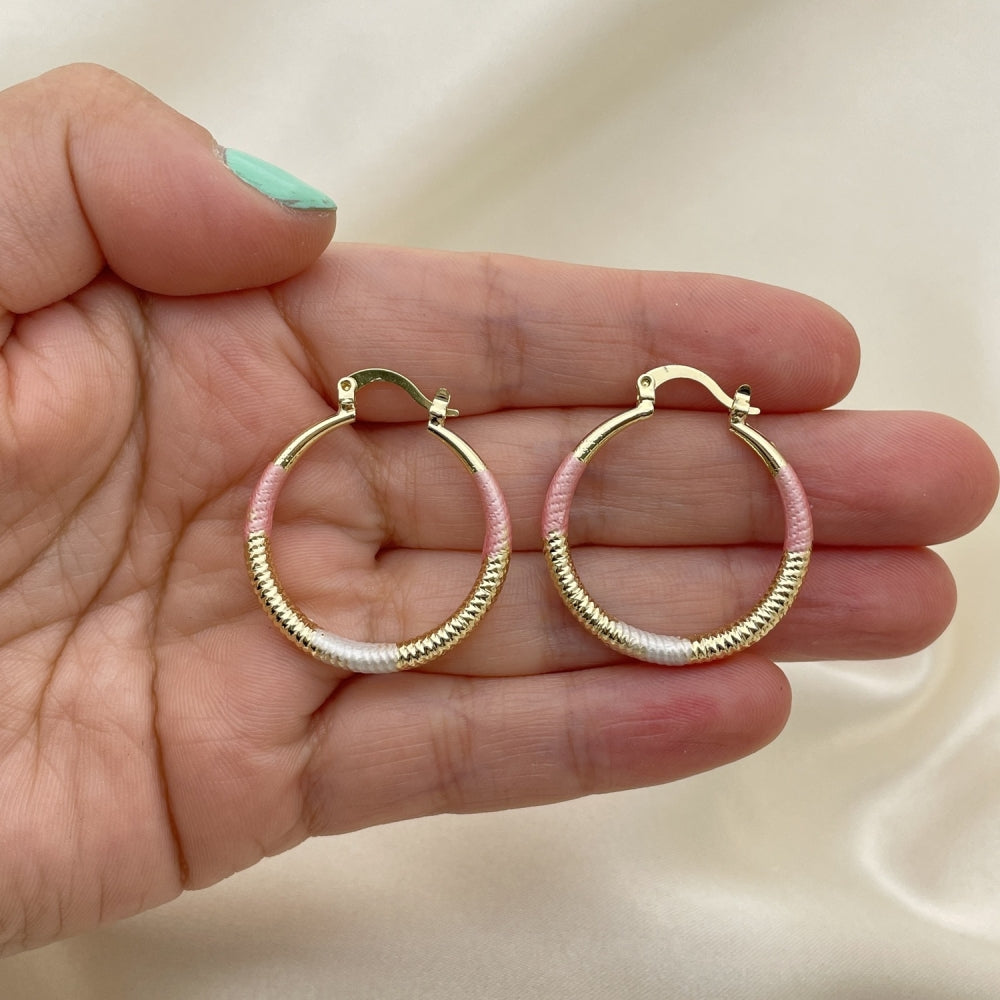 Oro Laminado Medium Hoop, Gold Filled Style Hollow Design, Diamond Cutting Finish, Tricolor