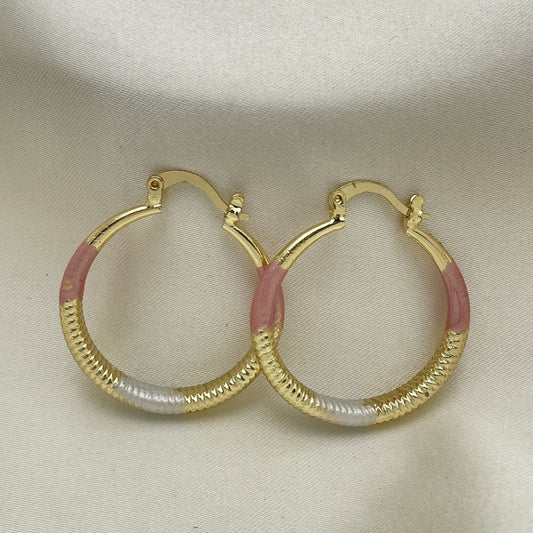 Oro Laminado Medium Hoop, Gold Filled Style Hollow Design, Diamond Cutting Finish, Tricolor