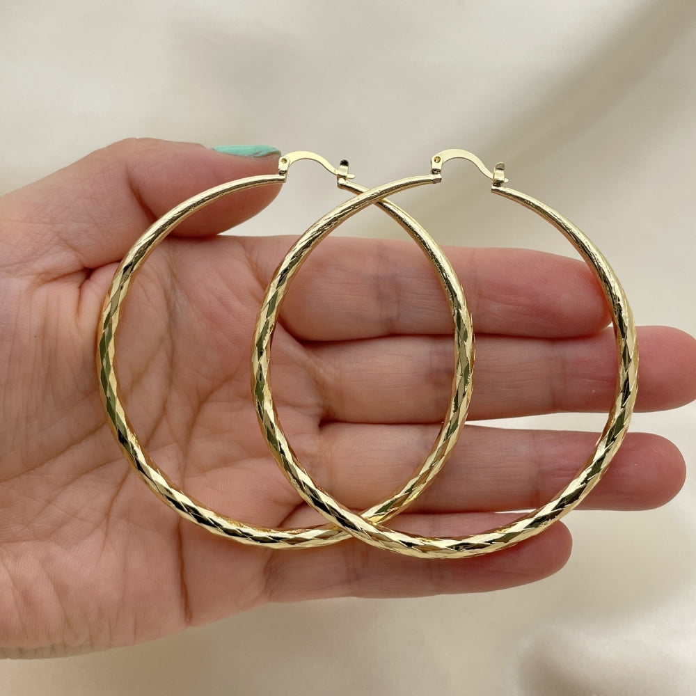 Oro Laminado Extra Large Hoop, Gold Filled Style Hollow Design, Diamond Cutting Finish, Golden Finish