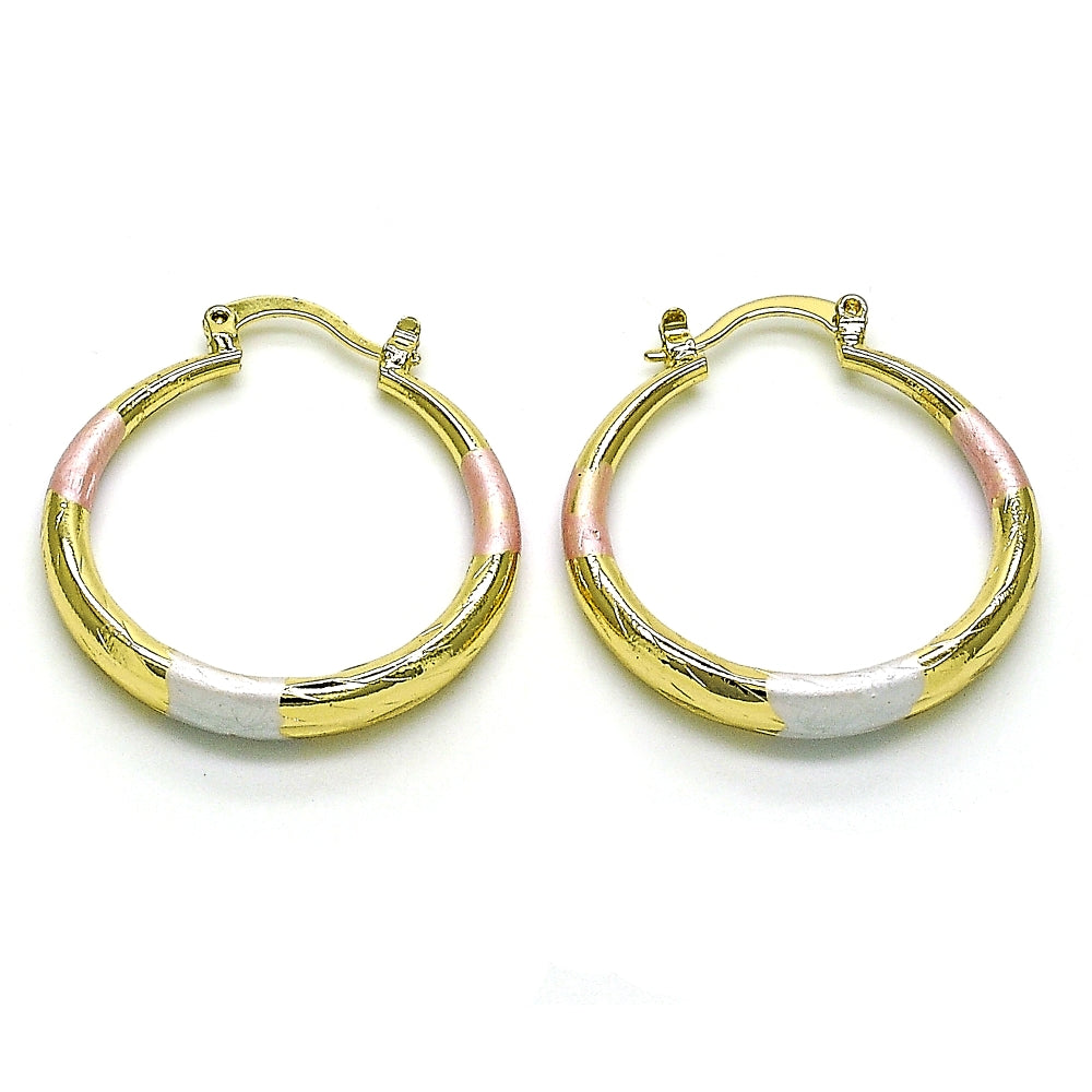 Oro Laminado Medium Hoop, Gold Filled Style Hollow Design, Diamond Cutting Finish, Tricolor