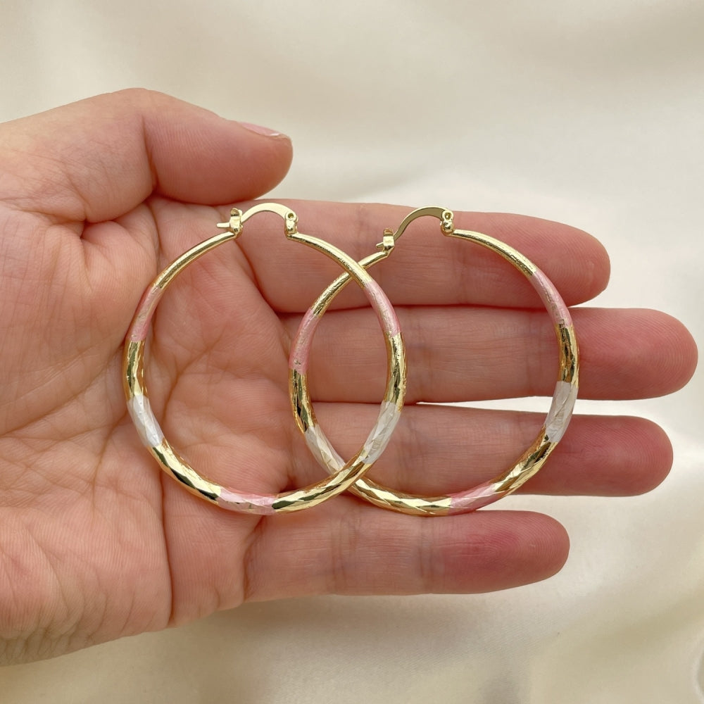 Oro Laminado Large Hoop, Gold Filled Style Hollow Design, Diamond Cutting Finish, Tricolor