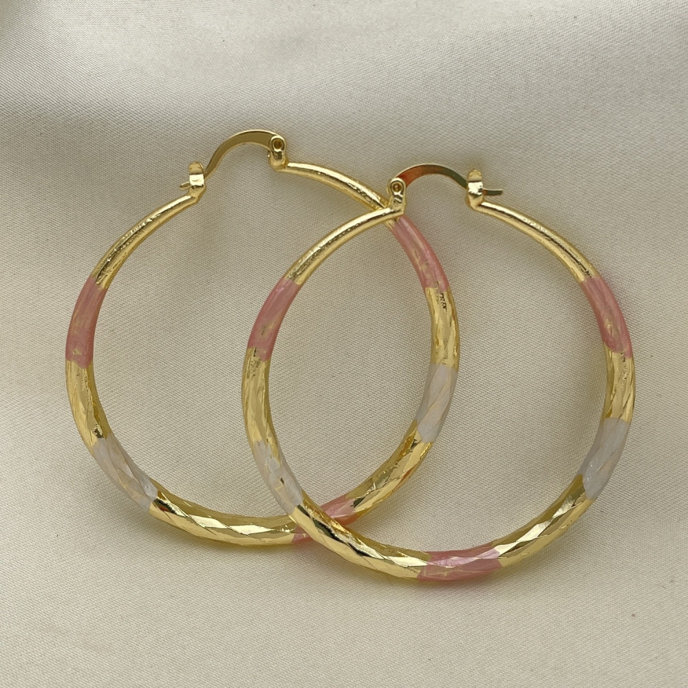 Oro Laminado Large Hoop, Gold Filled Style Hollow Design, Diamond Cutting Finish, Tricolor