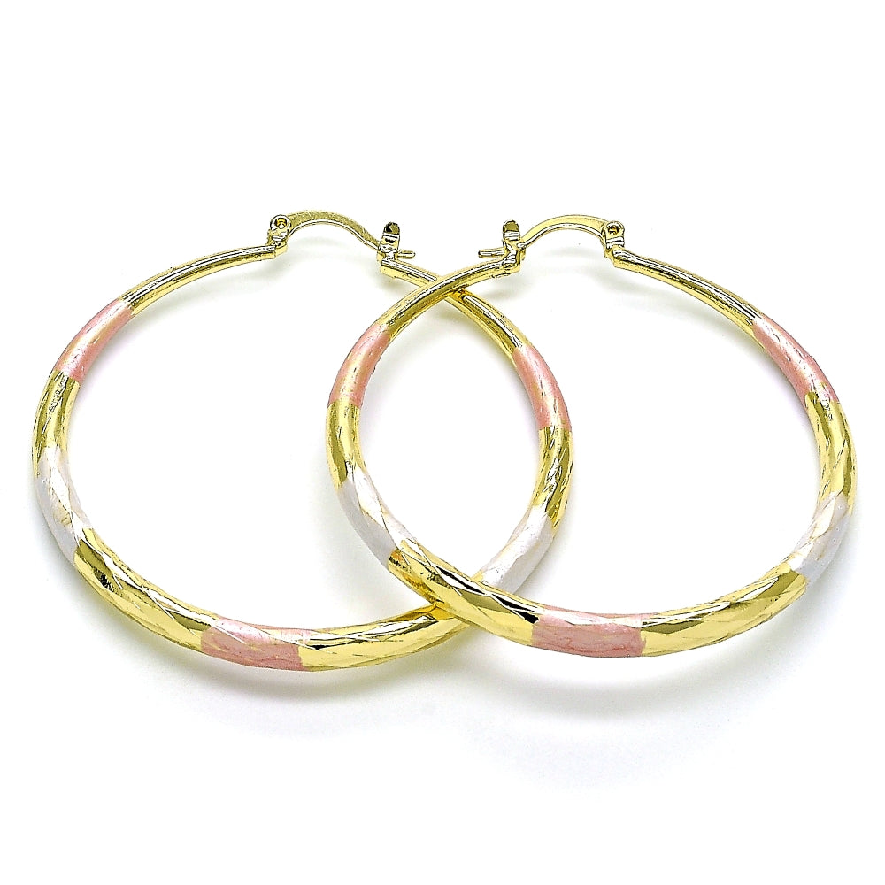 Oro Laminado Large Hoop, Gold Filled Style Hollow Design, Diamond Cutting Finish, Tricolor
