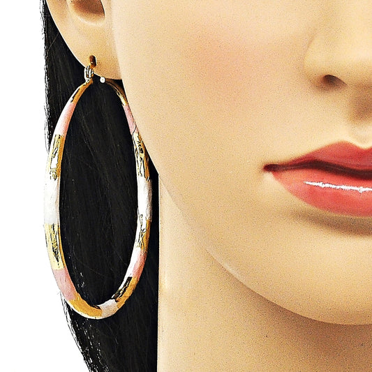 Oro Laminado Extra Large Hoop, Gold Filled Style Hollow Design, Diamond Cutting Finish, Tricolor