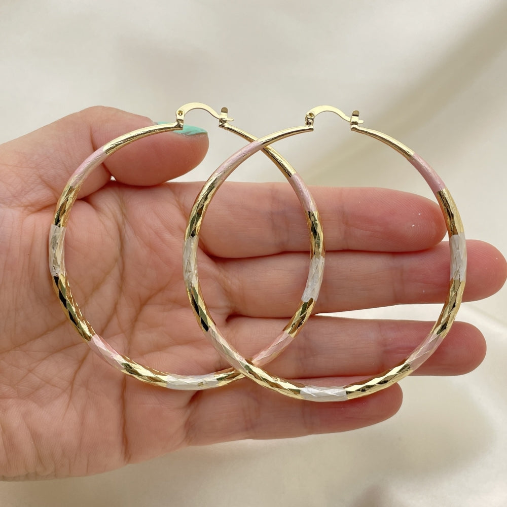 Oro Laminado Extra Large Hoop, Gold Filled Style Hollow Design, Diamond Cutting Finish, Tricolor
