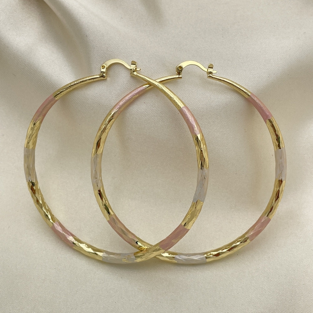 Oro Laminado Extra Large Hoop, Gold Filled Style Hollow Design, Diamond Cutting Finish, Tricolor